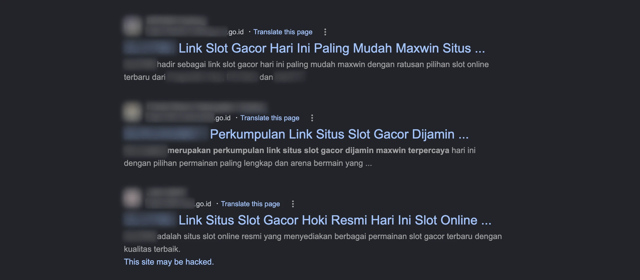 Censored search results showing gambling content indexed under Indonesian government domains