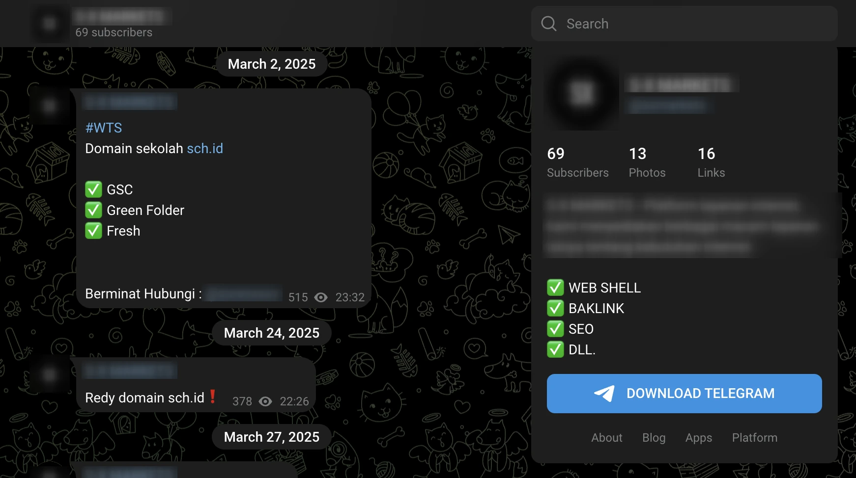 Censored Telegram channel offering access to hacked websites